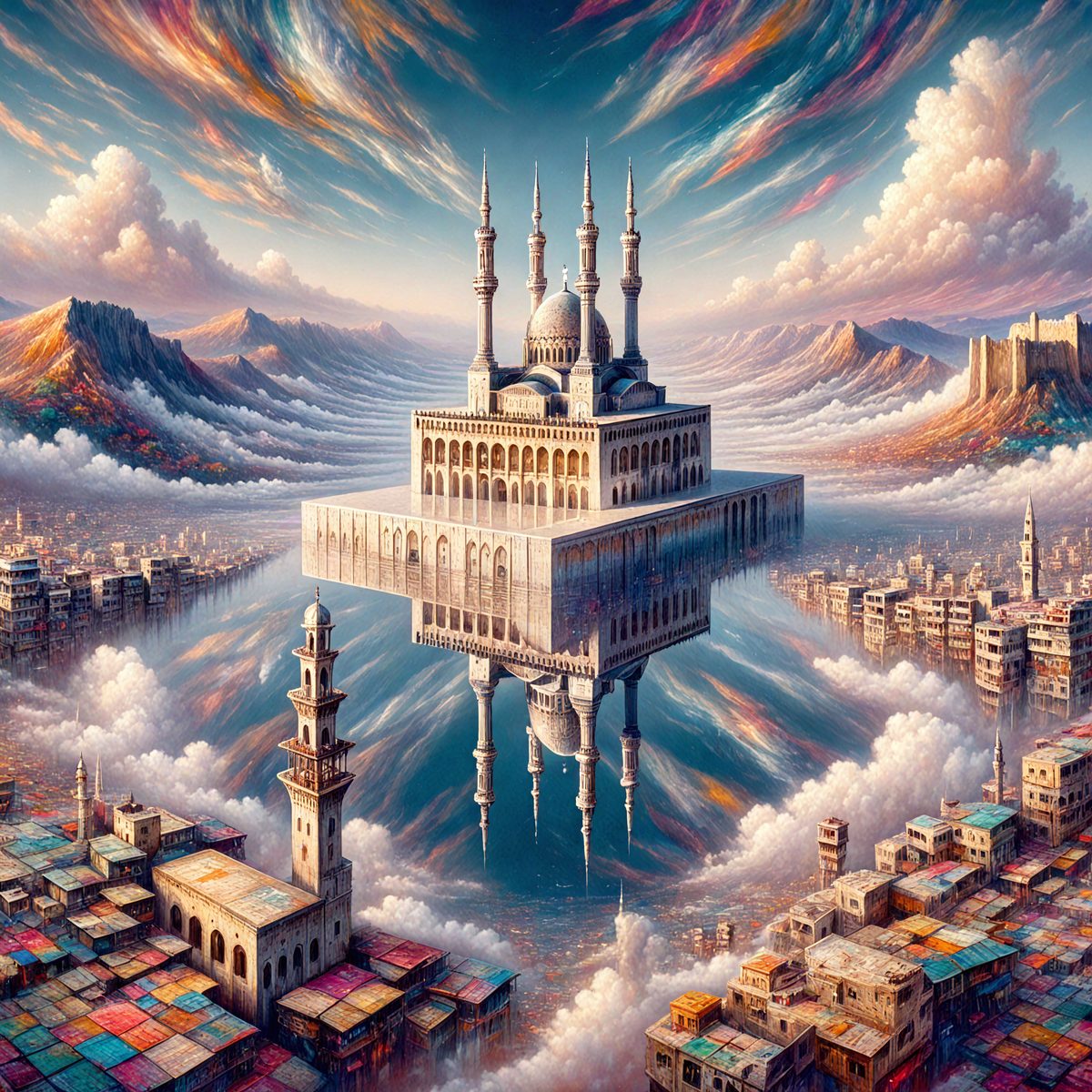 The primary subject of the image is a large, ornate mosque with a tall tower and a dome. The mosque is situated in a city with a mix of old and new buildings. The setting is a cityscape with a sky background, and the visual style is a digital art illustration. The colors and mood of the image are vibrant and lively, with a focus on the intricate details of the mosque and its surroundings.